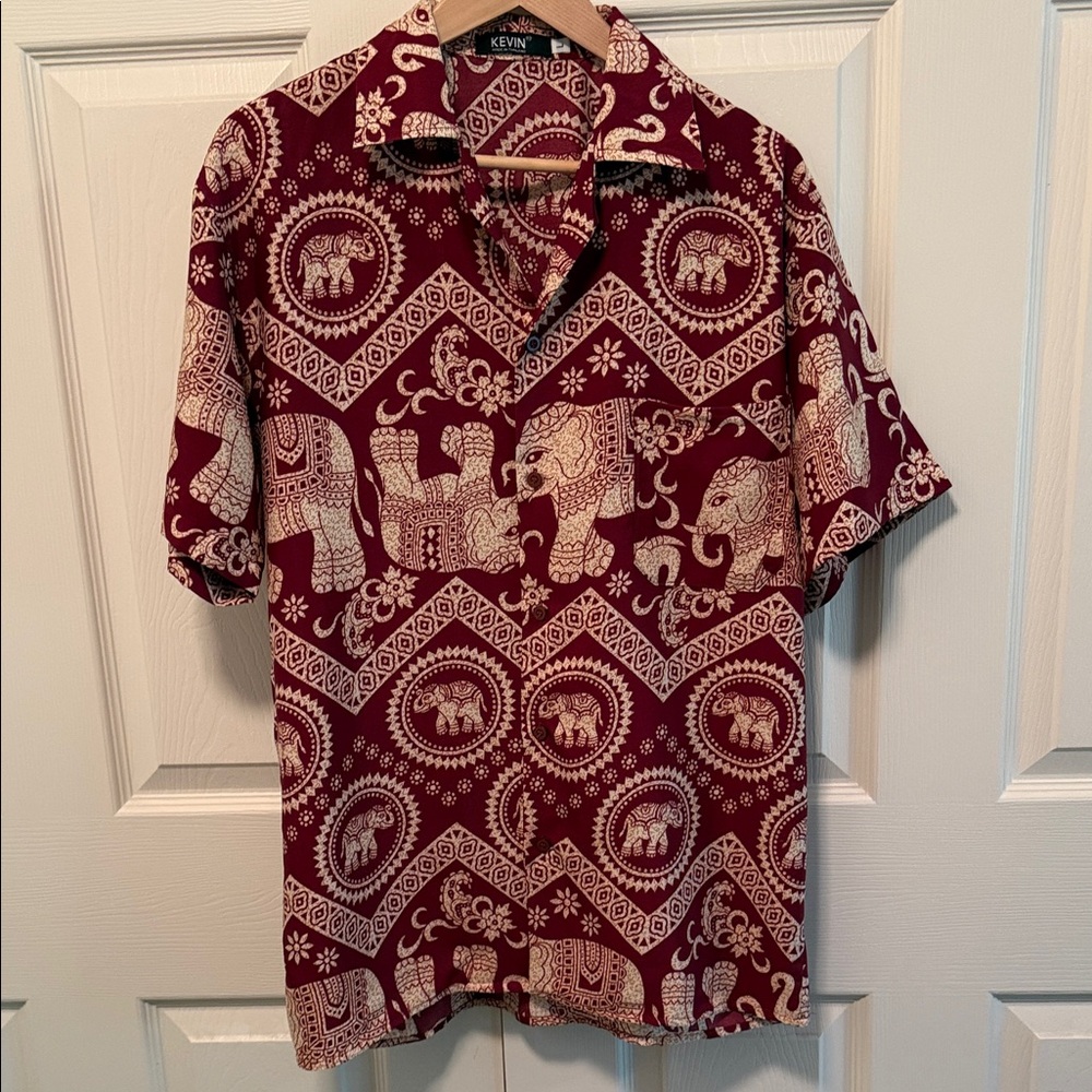 Men's Short-Sleeve Elephant Print Shirt - Maroon/White